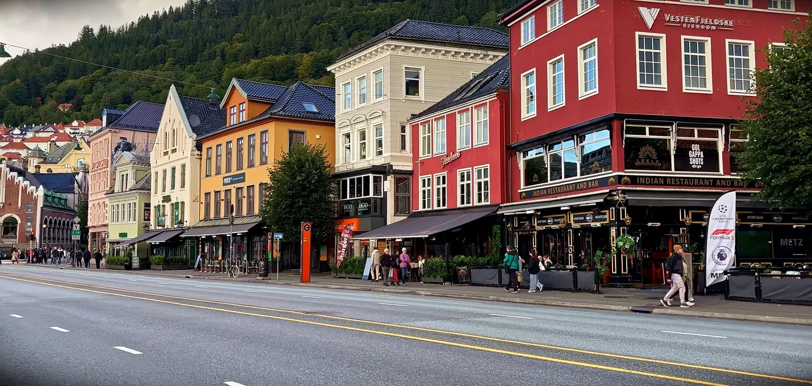 Bunte Häuserzeile an einer Straße vor einem bewaldeten Hang