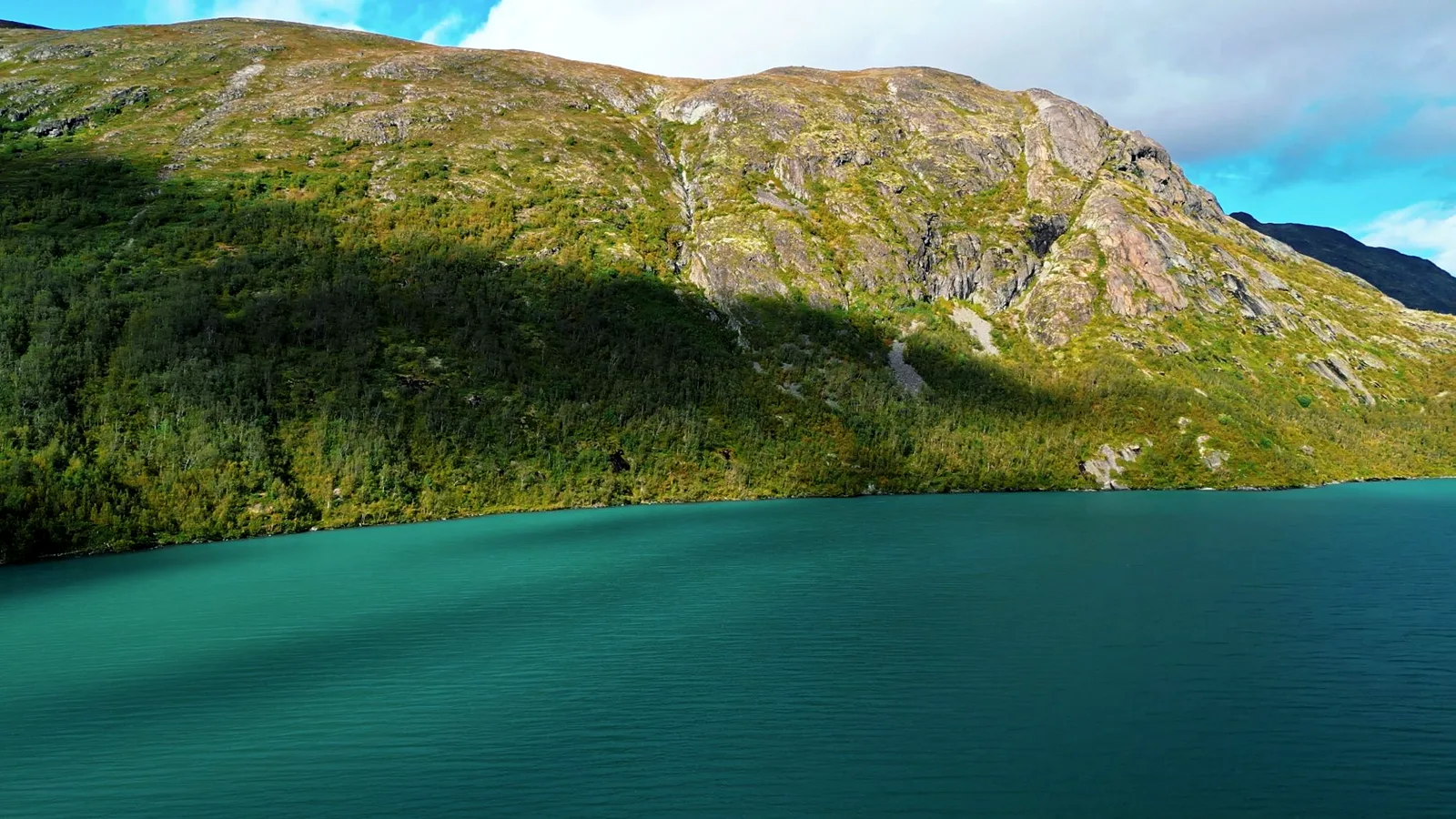 Sonnenbeschienener Berghang mit Birkenwald über einem türkisgrünen See, ein Wolkenschatten liegt auf dem Hang