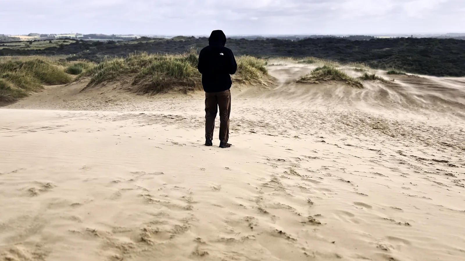 Person in schwarzer Jacke steht mit dem Rücken zur Kamera in einer Dünenlandschaft, Sand weht über den Boden