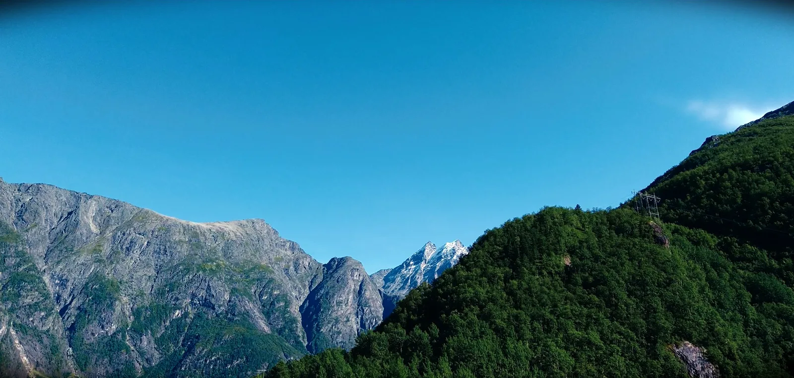Schneebedeckter Gipfel zwischen einer grauen Felswand und einem bewaldeten Hang unter blauem Himmel